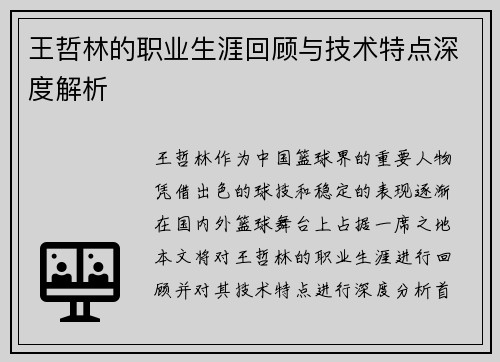 王哲林的职业生涯回顾与技术特点深度解析